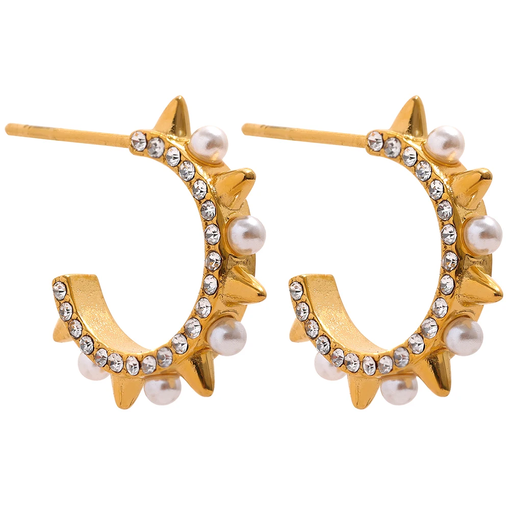 

JINYOU 1146 Delicate Rivet Gold Color Stainless Steel Artificial Pearls Zircon Unusual Earrings Waterproof Stylish Jewelry Women