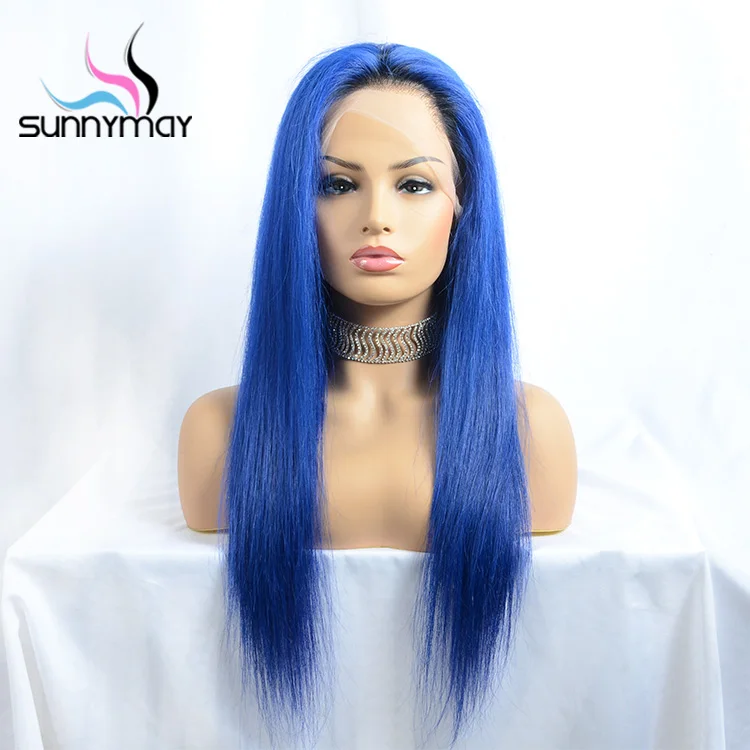 

Blue With Short Dark Roots 130% Density Natural Hairline #1B/Blue Hair Full Lace Wgs, 0.5#1b/blue