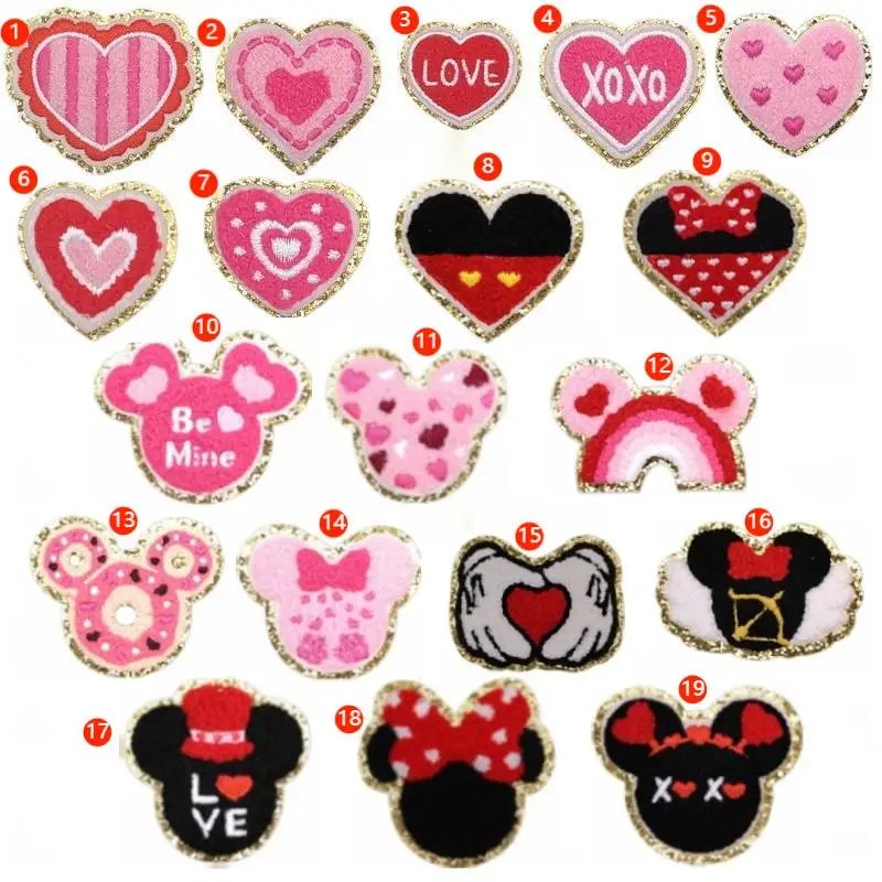 

New Pink Style self sticker/Iron on/Embroidered Gold edge Mouse Ear Heart Patch