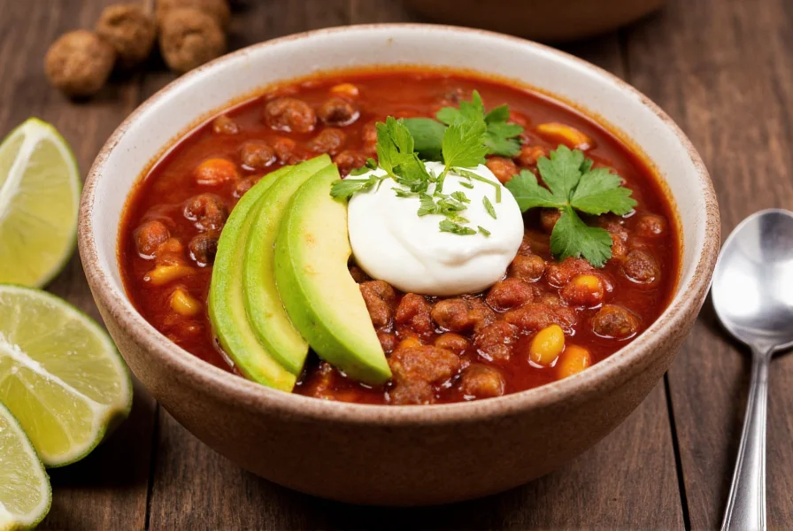 Vegetarian chili served in bowl with toppings: avocado slices, sour cream, and fresh cilantro