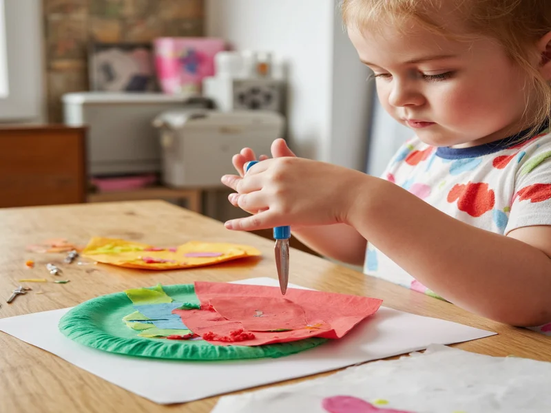 Child making colorful paper plate dragon craft with safety scissors