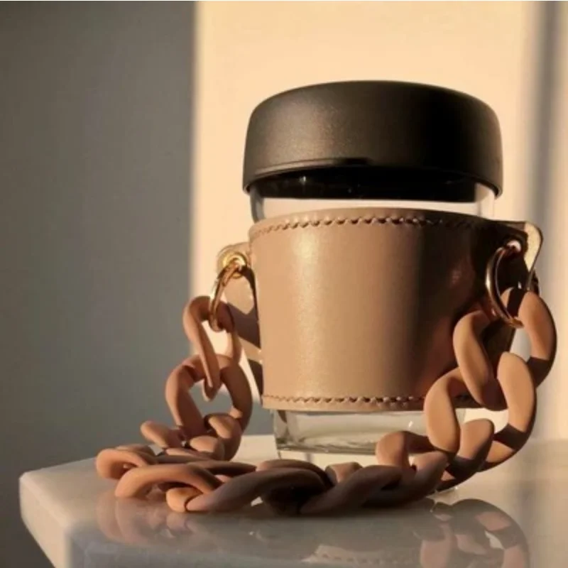 

In Stock Chain Coffee Cup Holder PU Leather Acrylic Chain Tea Carrier Handle Water Cup Sleeves Bottle Cover with Chain Strap