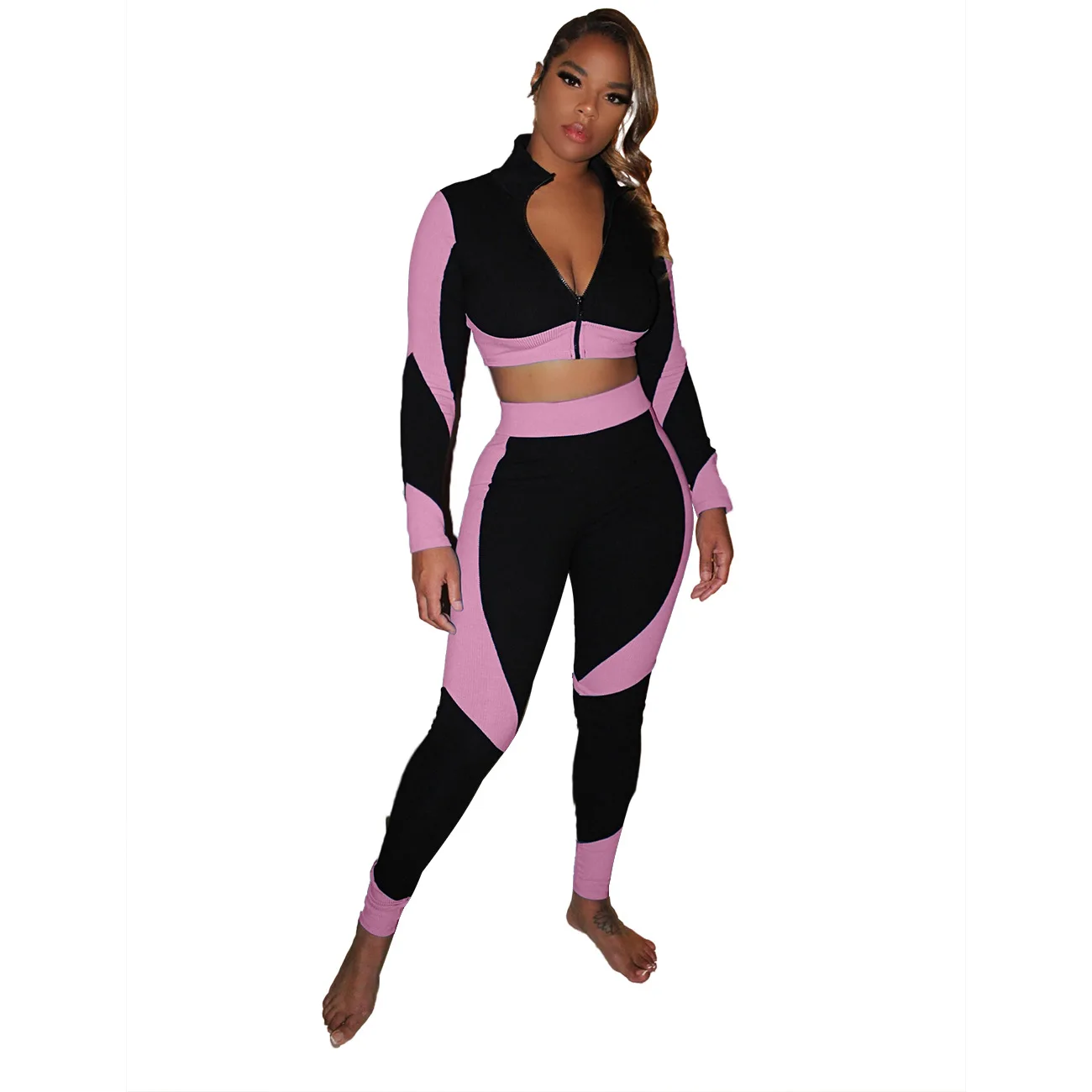 

2021 New arrivals HOT ITEMS women sexy long sleeve contrast top and pants casual two piece set