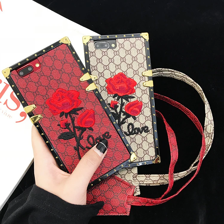 

Luxury square embroidered flower mobile phone case for iphone 11 pro max xs xr 7 8 plus with crossbody shoulder lanyard, Multi