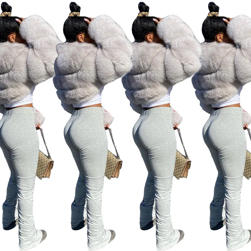 

Solid Drawstring Split Micro Flared Ruched Sides Sweat Pants Sweatpants Stacked Leggings Joggers Plus Size Women Stacked Pants