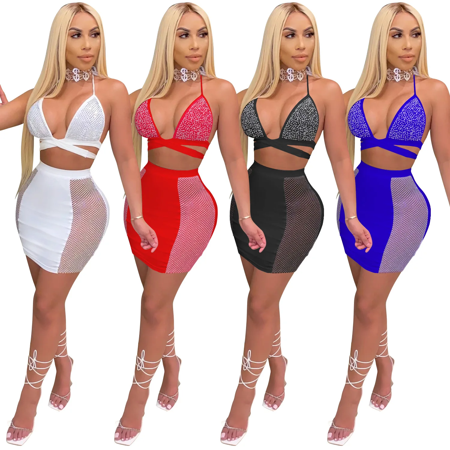 

Wholesale sexy backless hot drilling 2 pieces dresses set women clothing 2 piece skirt set, White,red, black, blue
