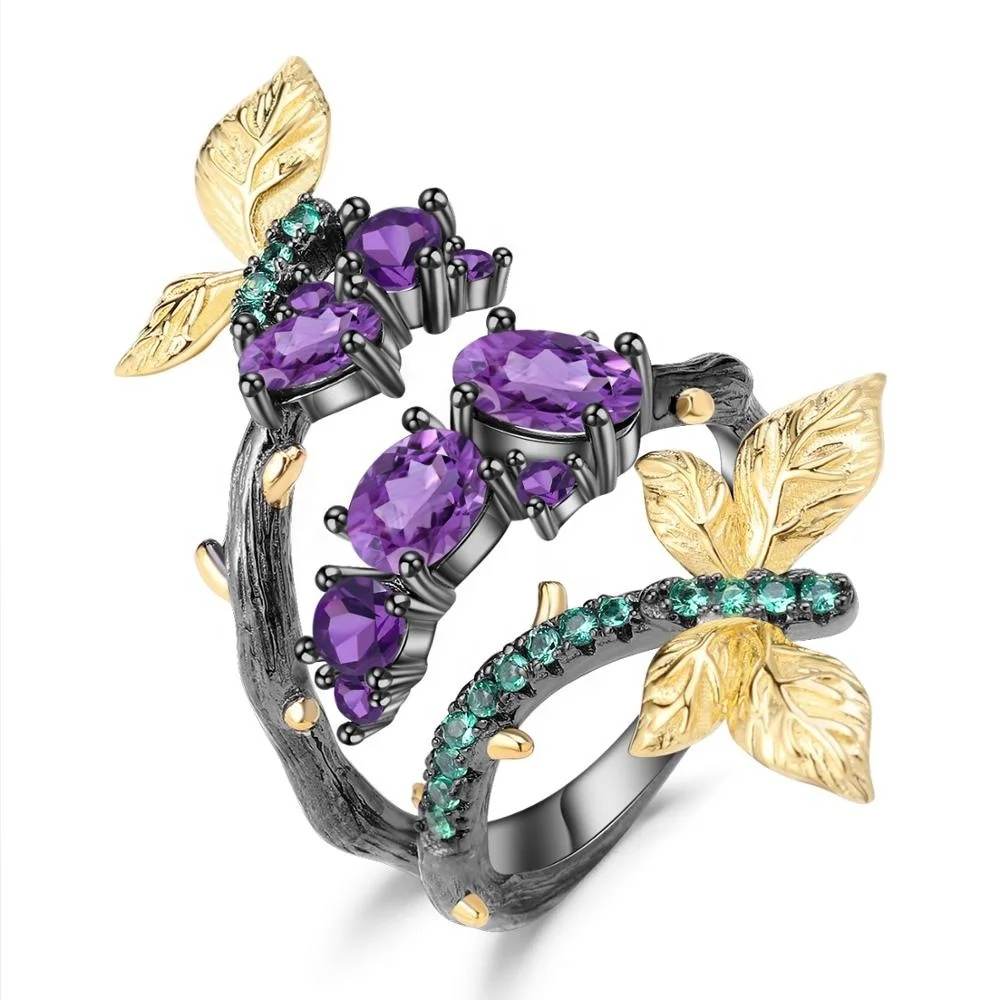 

Fashion 925 Sterling Silver Round Amethyst Butterfly Open Ring Handmade Jewelry