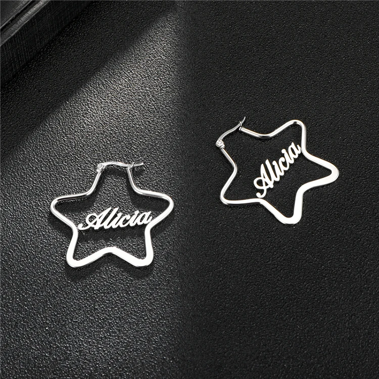 Personalized Jewelry Stainless Steel Silver Star Hoop Earrings Custom Any Name Earrings For Valentines Day Gifts