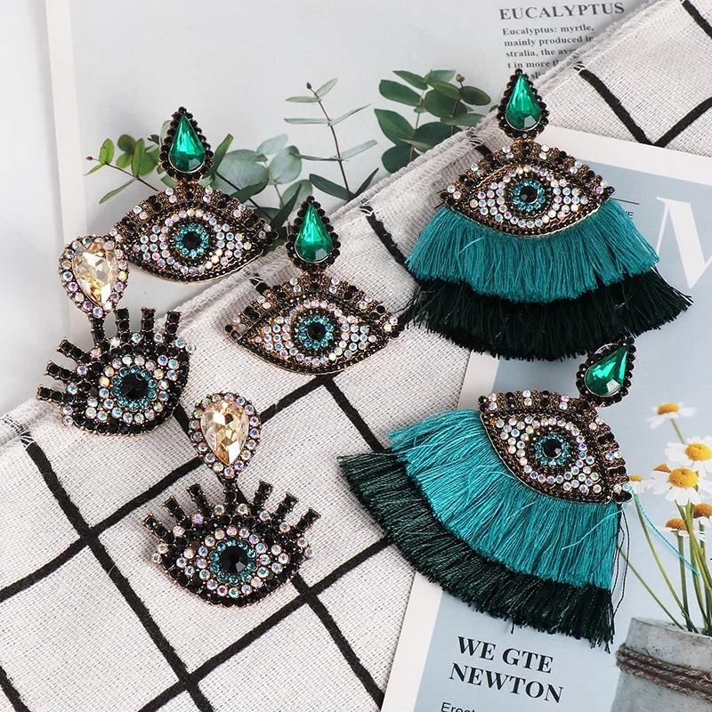 

2020 Handmade Tassel Dark Designs Drop Wholesale Women Fashion Punk Jewelry Crystal Stud Evil Eye Earrings, As photo