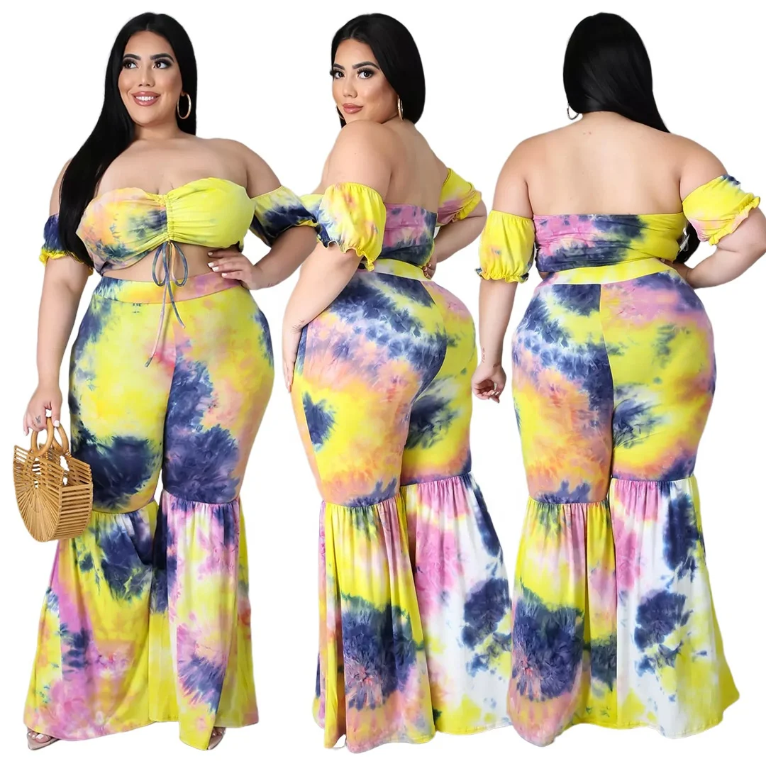 

New arrival off shoulder crop top and flare pants set two pieces tie dye women plus size 2 piece sets, 1 color