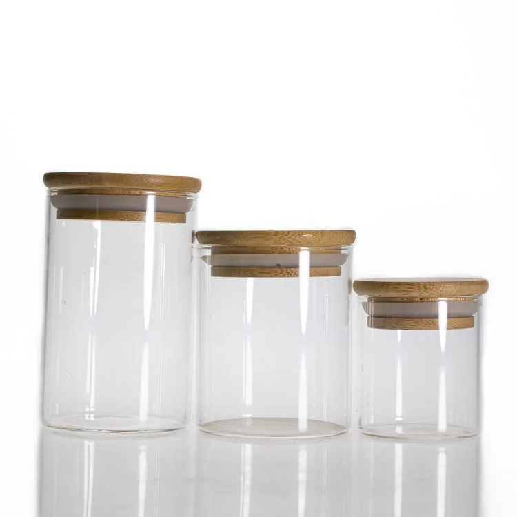 

Transparent glass storage jar 100ml 200ml 270ml borosilicate jar with bamboo lid