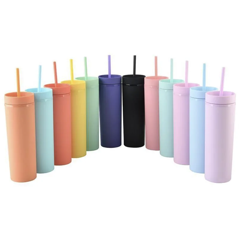 

16oz Colorful Cups Tumblers/bottle with Lids and Straws Double Wall Plastic Water Bottles Plastic Mug Drinking Liquid Contain, Customized color