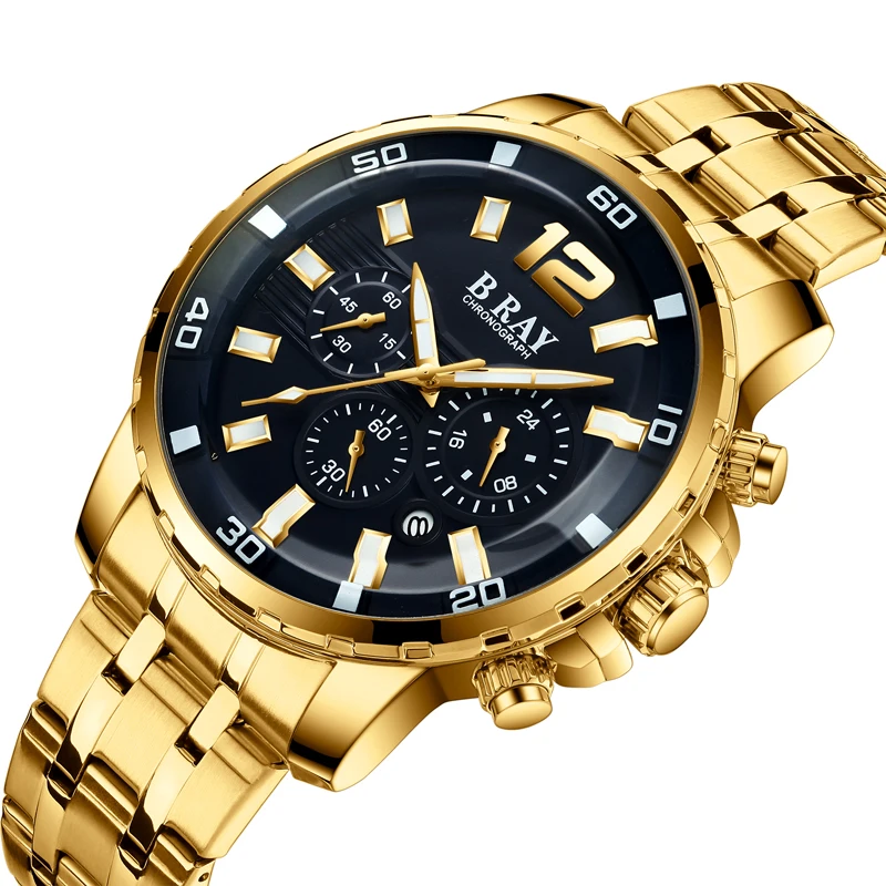 

B RAY 9007 High Quality Men Watch Chronograph Sport Mens Watches Top Brand Luxury Waterproof Full Steel Quartz Gold Clock