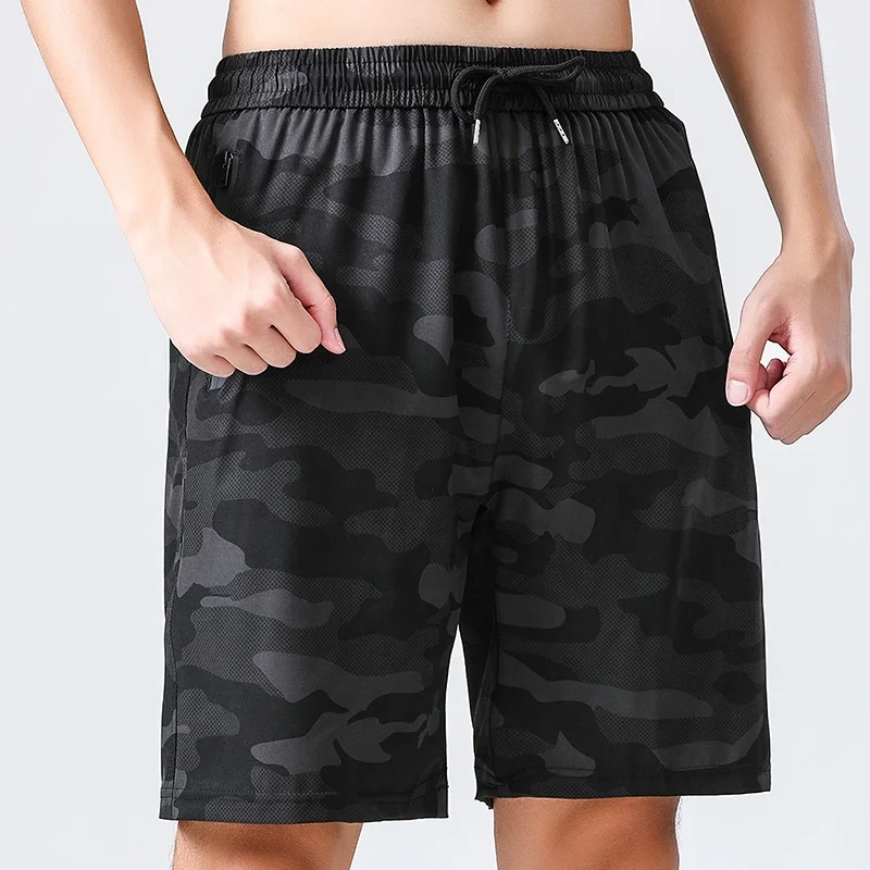 

Men Zip Pocket Summer Shorts New Mens Camouflage Printed Shorts Elastic Waist Drawstring Fitness Slim Gyms Sports Short Pants, Black/green