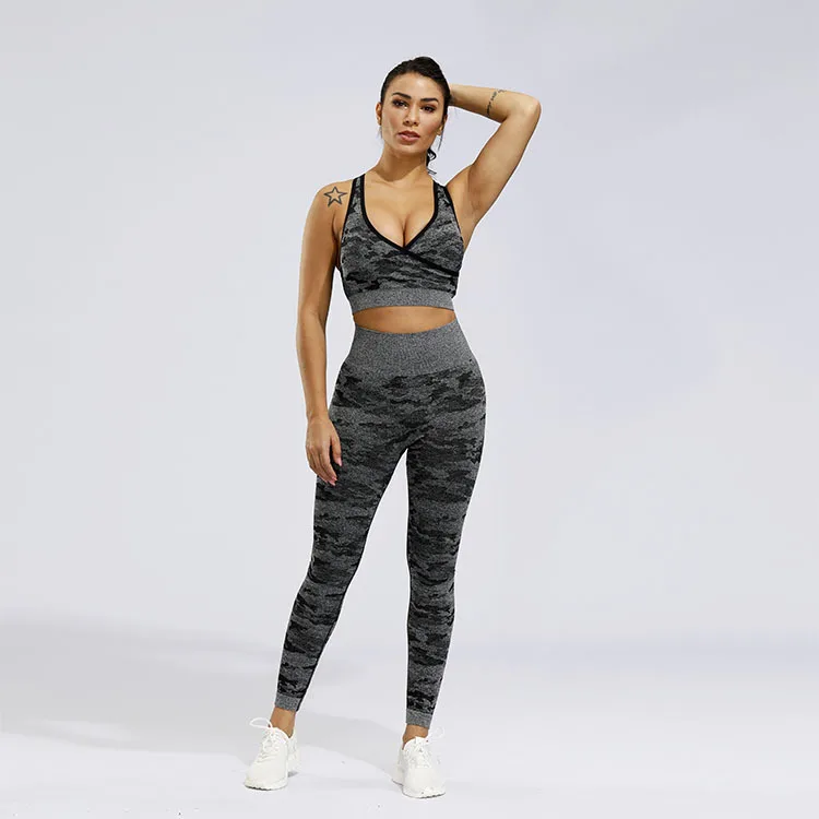 

Women 2 Pcs Sports Suits Set Yoga Sets Gym Fitness Camo Athletic Pants Sportswear Leggings Bra Seamless Sports Active, Printed