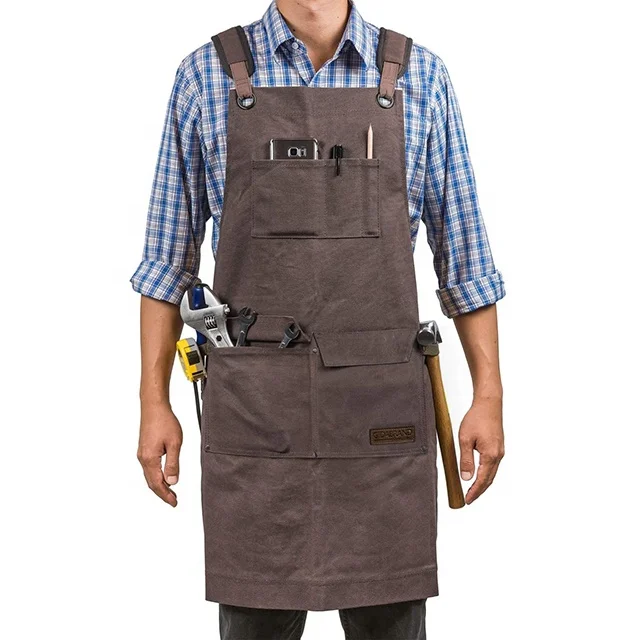 

SunYue Woodworking Shop Aprons for Men Durable Waxed Canvas Work Apron with Pockets Cross-Back Straps, Can be customized