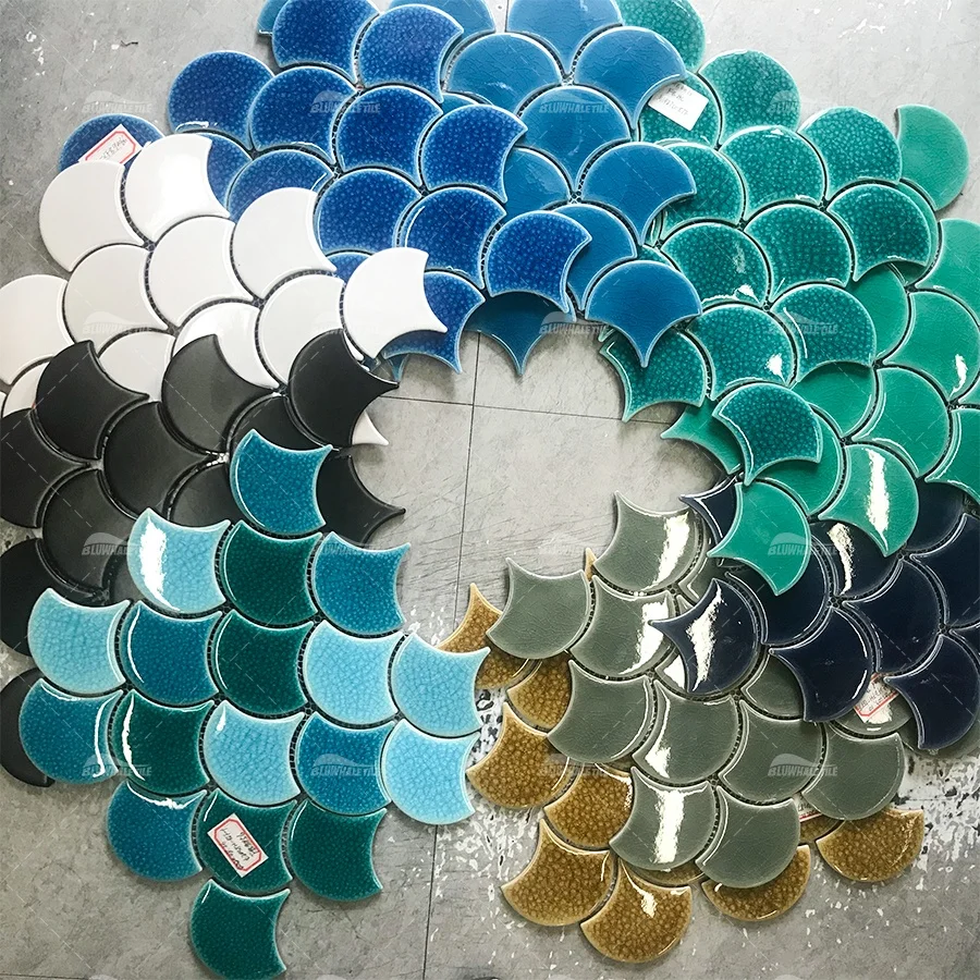 

Wholesale Bathroom Glossy Fish Scale Scallop Fan Shape Crackle Blue Green Glazed Ceramic Porcelain Mosaic Swimming Pool Tile