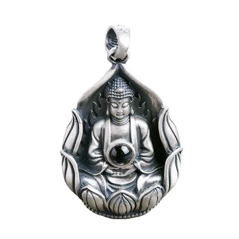 

New Arrival 925 Sterling Silver Guanyin Sit in Lotus Buddha Mantra Pendant Retro Amulets And Talismans Six Words Engraved