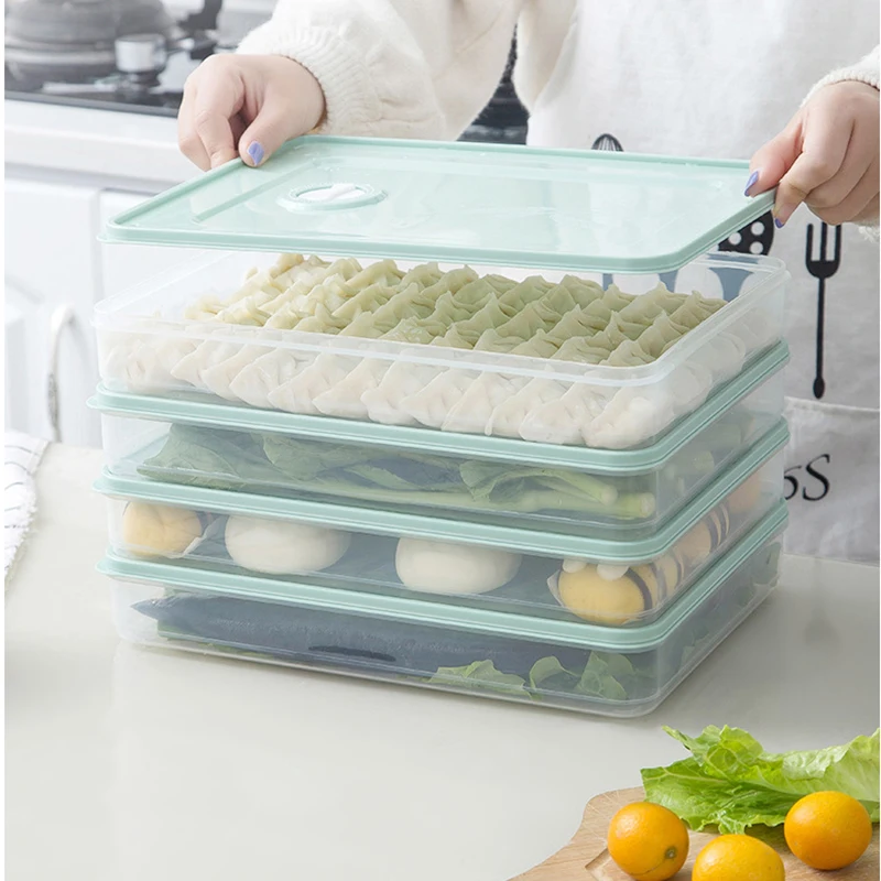

Food Storage Container Fridge Crisper Stackable Portable Freezer Storage with Lid for Refrigerator Fruits Vegetable Dumplings, Green/pink/transparent