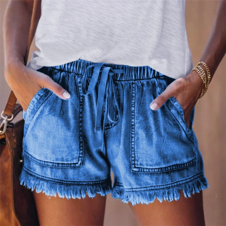 

DUODUOCOLOR Fashion draw string empire tassel shorts ladies solid casual washed jeans short summer 2021 D97494