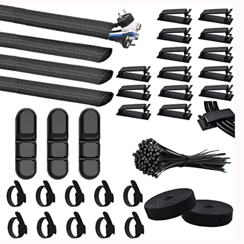 

134Pcs Cable Management Kit Tubing Sleeve Silicone Cable Holder Organizer Straps Cord Clips Wire Fastening Ties for TV PC Office, Black