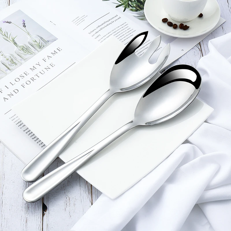 

New Design Groove Handle Serving Spoon And Fork Set Salad Dessert Stainless Steel Spork