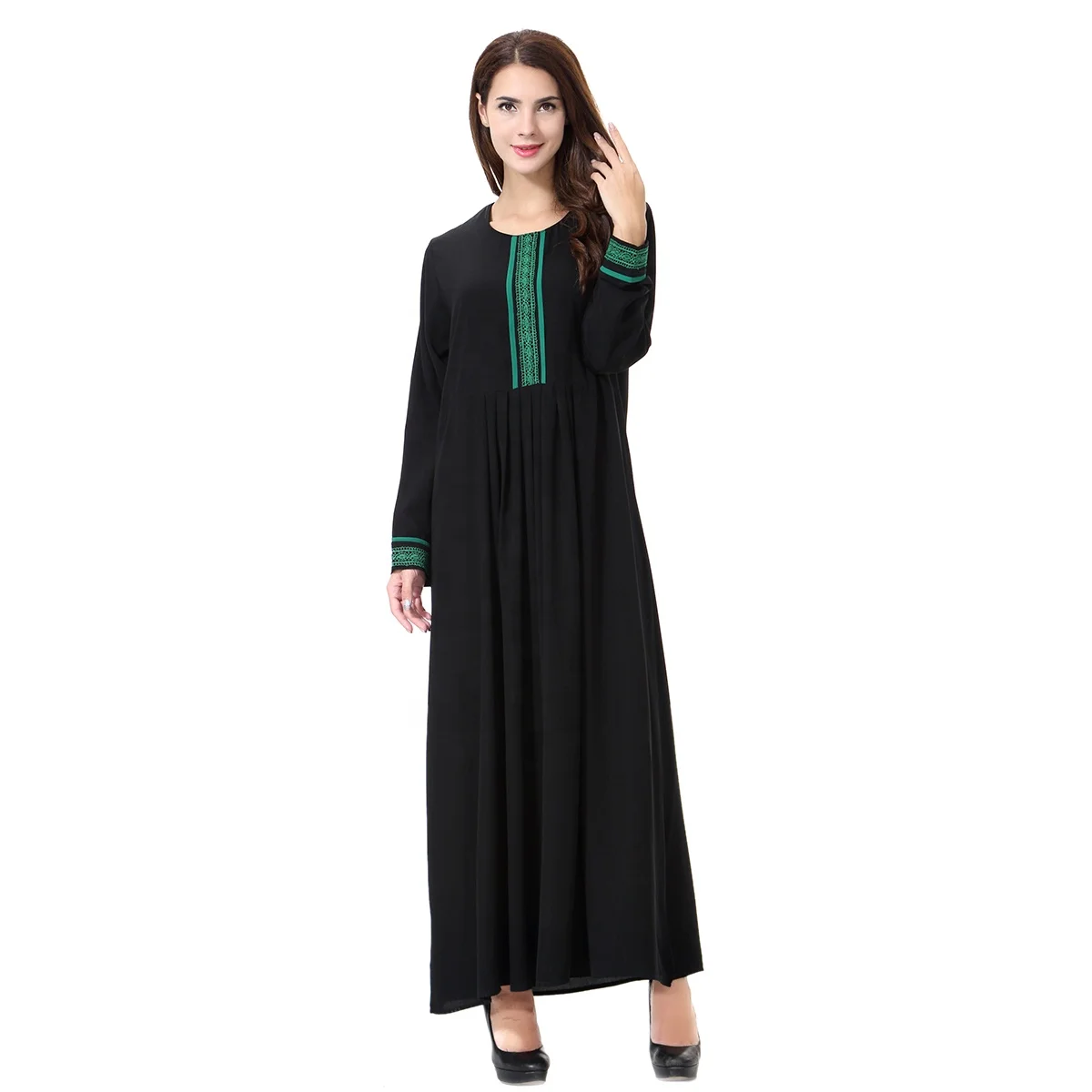 

FREE SHIPPING Arabian Dubai Comfortable Round Neck Applique Solid Long Sleeve Muslim Islamic Women Abaya Dresses Clothing, Golden , green, blue