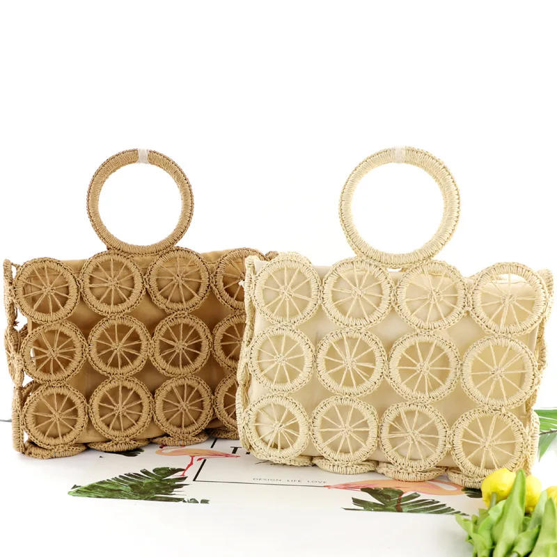 

Handmade woven crochet hand bag ladies summer beach hollow straw bag, Natural