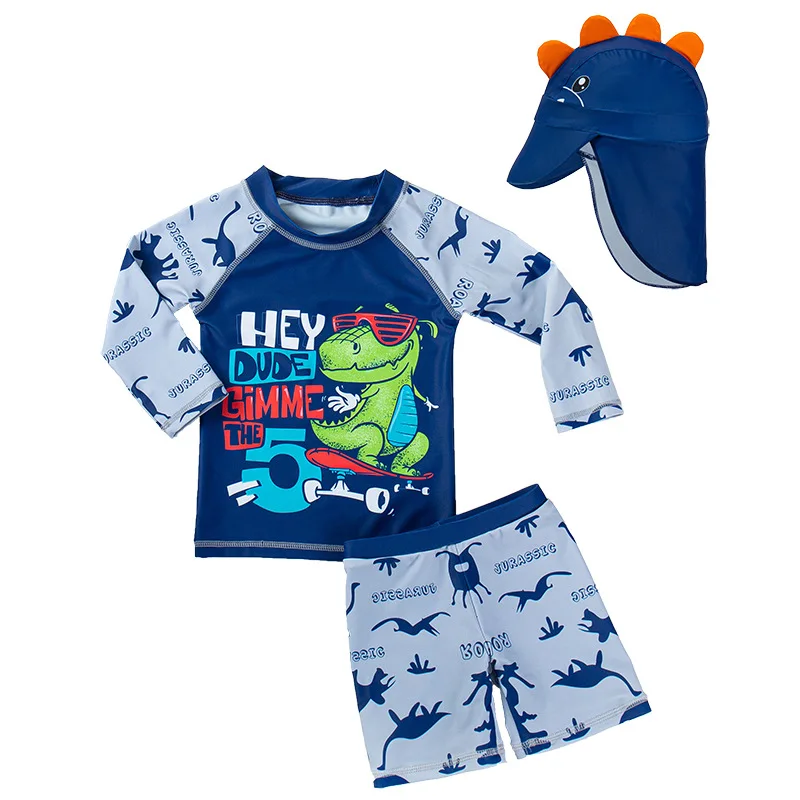 

Toddler Boys Two Pieces Swimsuit Set Sunsuit Kids Long Sleeve Swimwear Dinosaur Bathing Suit Rash Guards with Hat