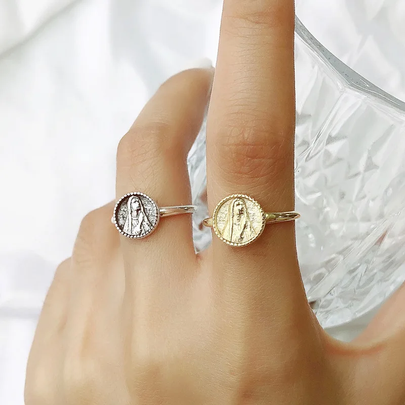 

Religious Christian Rings Vintage 925 Sterling Silver gold plated adjustable Virgin Mary Coin rings