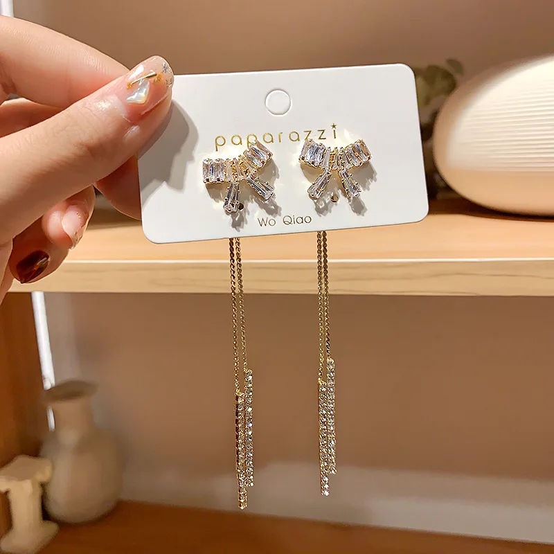 

2021 fashion bowknot tassel crystal earrings gold plated