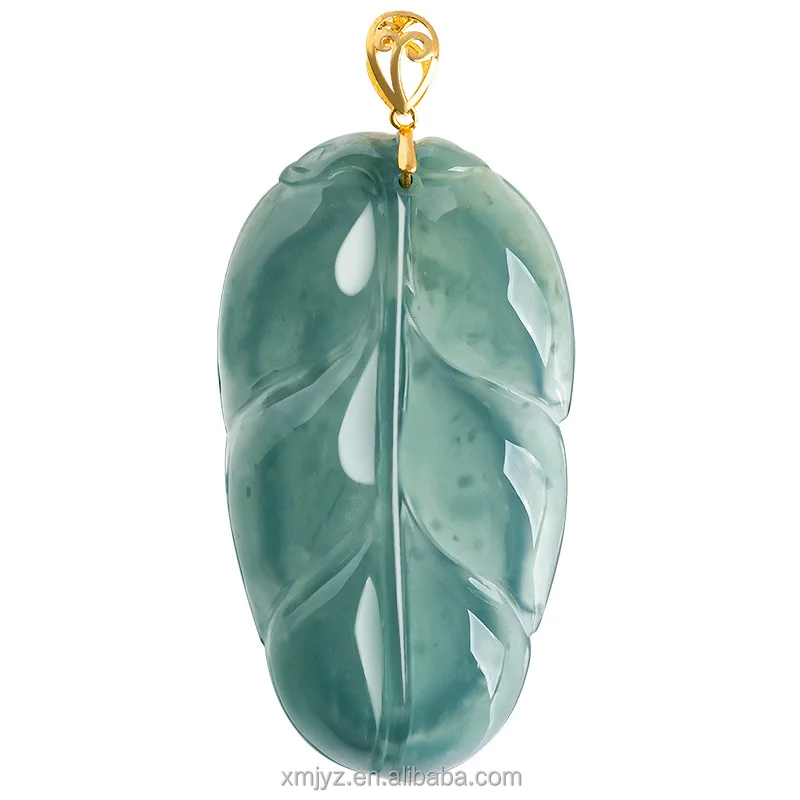 

Certified Grade A Natural Emerald Blue Water Leaf Pendant 18K Gold Inlaid Ice Jade Stone Pendant Flower For Women Jade Necklace