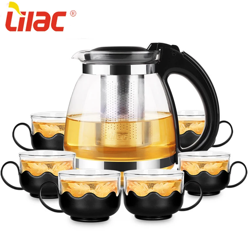 

Lilac German Quality 7pcs sets wholesale america heat-resistant glass heat coffee teapot set with infuser, Black