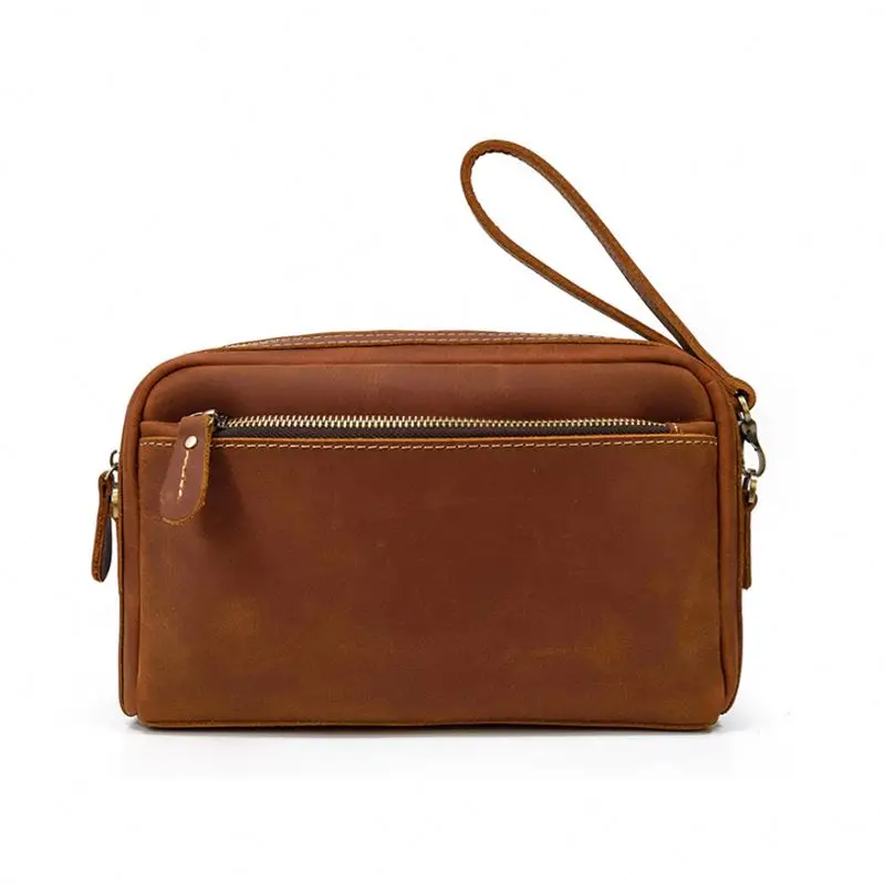 

Wholesale vintage style travel large capacity genuine leather men toiletry bag with shoulder strap, As picture/customize