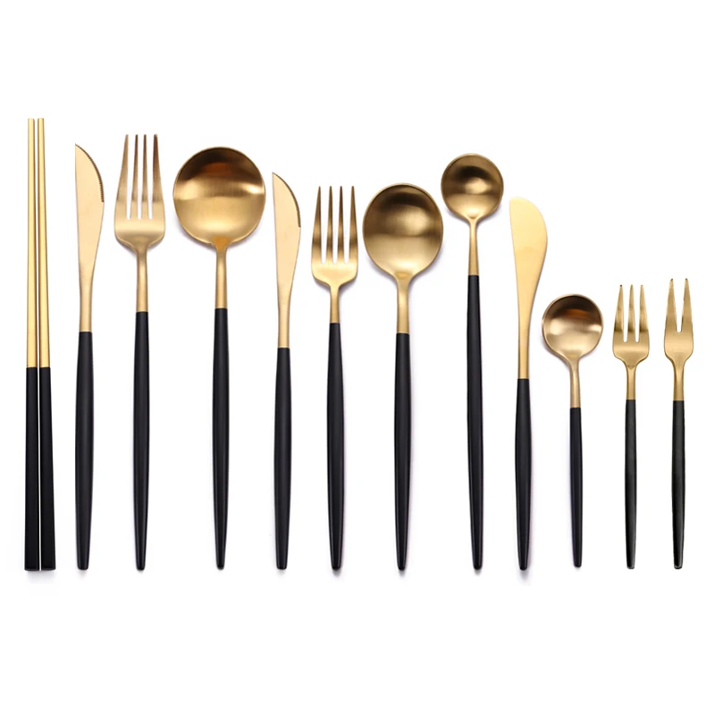 

Black/Gold Handled Silverware Cutlery Restaurant, Gold plated+black handle