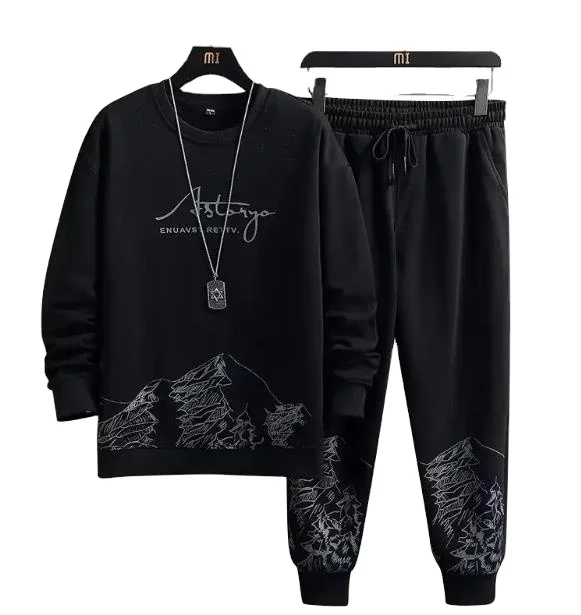 M-5XL Men Youth Printed O-neck Sweatshirt Tops + Long Pants Trackauits Sportswear 2 Piece Set Spring Autumn Casual Suit