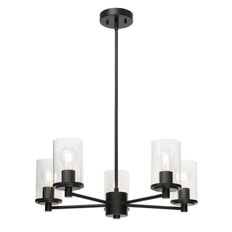 Modern Adjustable Pendant Lighting 5 Light Black Chandeliers with Clear Glass for Dining Room