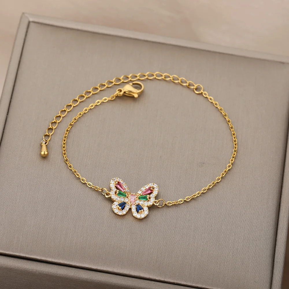 

Luxury Exquisite Girls Jewelry Micro Colored Zircon Rhinestones Hollow Out Butterfly Bracelet For Women, Picture shows