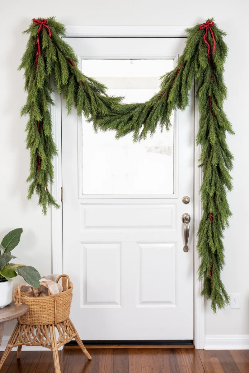 Door decorated with festive holiday garland