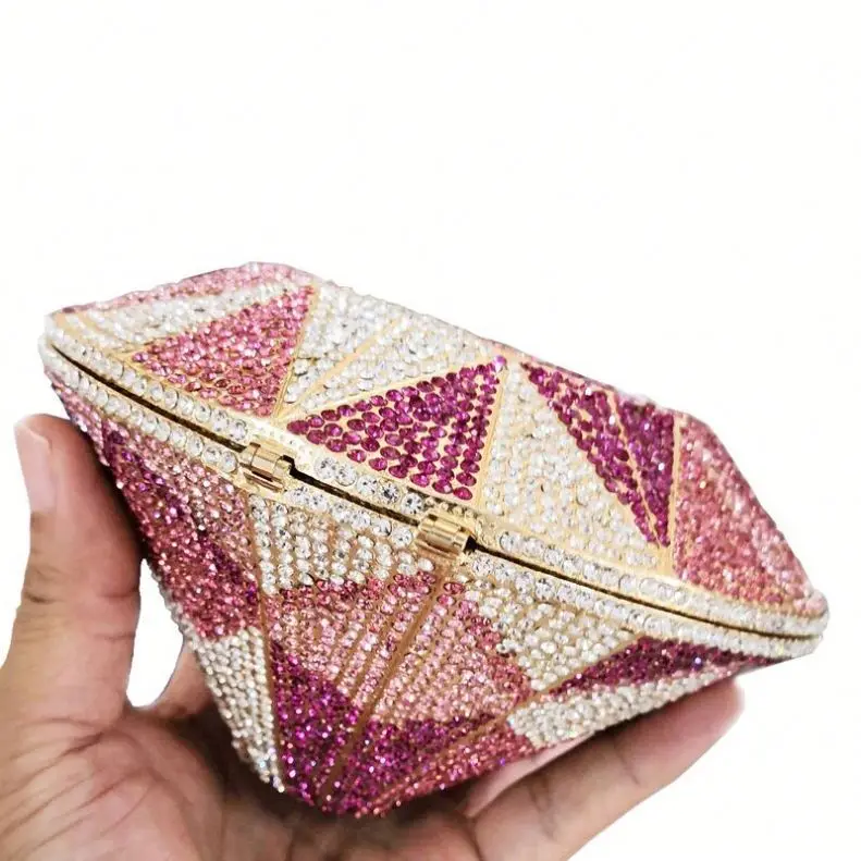 

LEB1124 luxury handmade bling rhinestone clutch bags diamond shape women handbags crystal sparkle, Silver, gold