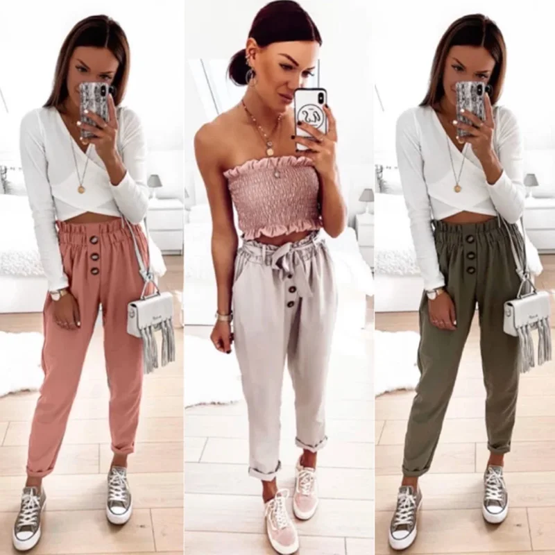 

Vintage Higst Cotton Pants For Women Pure Color Pockets Sashes Casual Pants Office Wear Women's Trousers, Picture