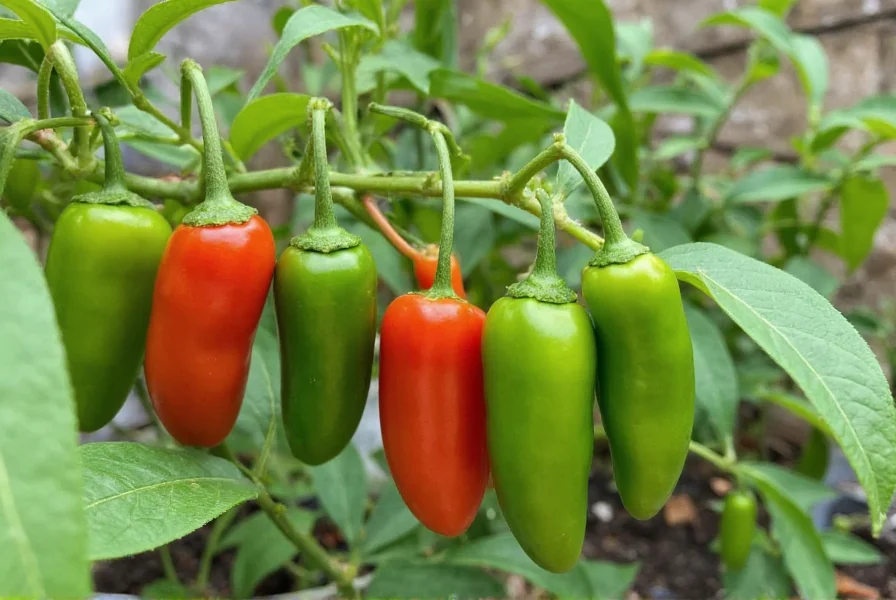 Peter pepper chili plant in container garden showing multiple stages of ripening peppers from green to red on same branch