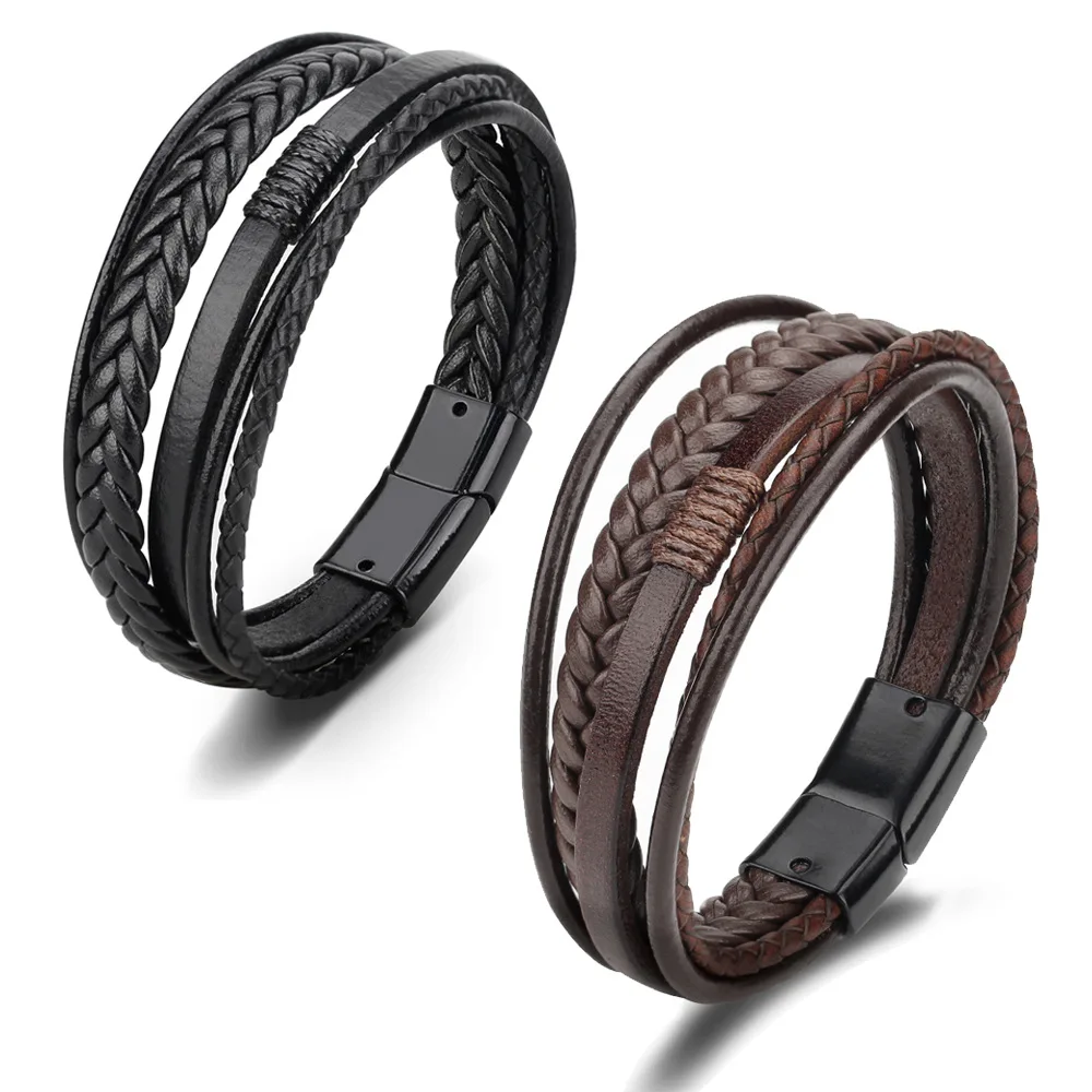 

Vintage Style Magnetic Buckle Leather Wrap Bracelet Multilayer Leather Braided Bracelet For Men