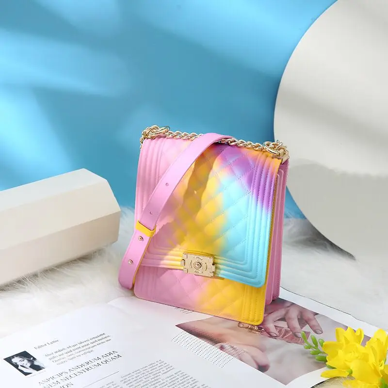 

GW Hot sell designer handbag rainbow PVC shoulder handbag purse gradient jelly bag with chain, Rich