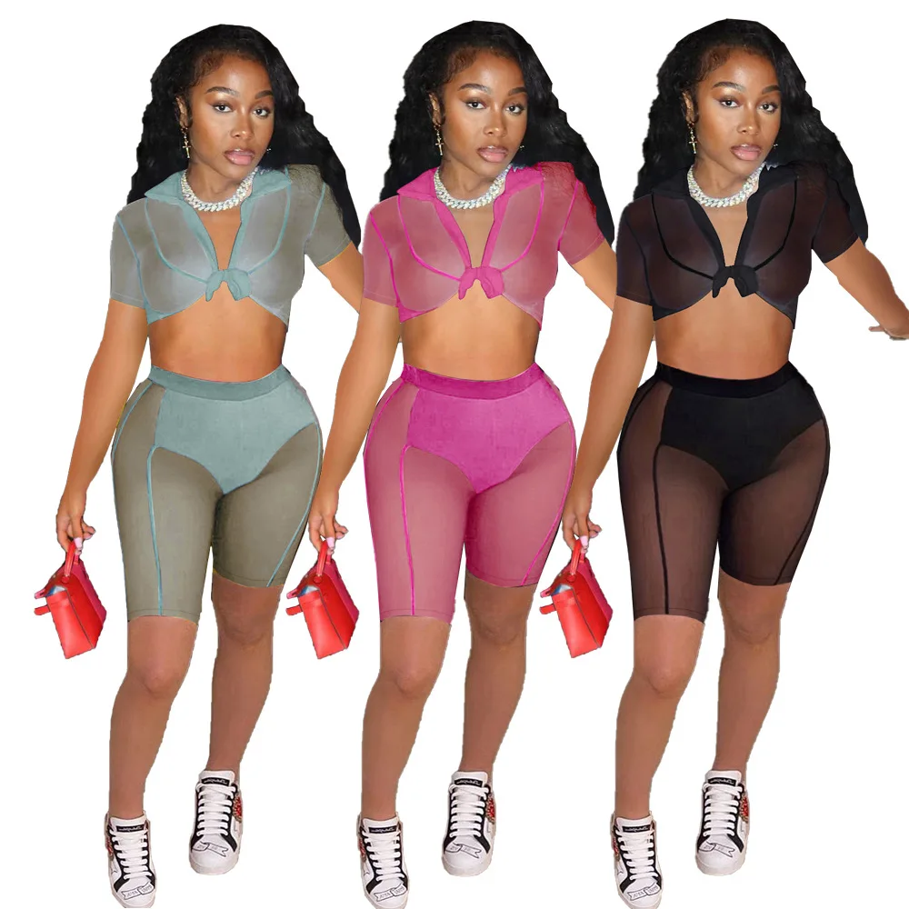 

Drop Shipping Mesh See Through Short Sleeve Bandage Crop Tops And Splicing Slim Pencil Shorts Women Solid 2 Piece Sets