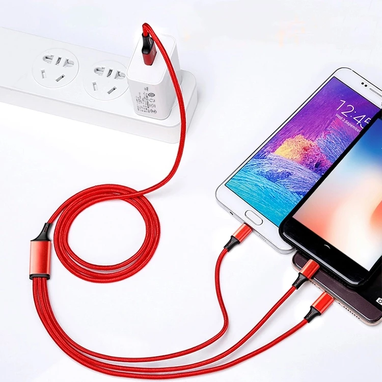 
Mobile phone nylon multi-function charger 3 in 1 USB charging cable 