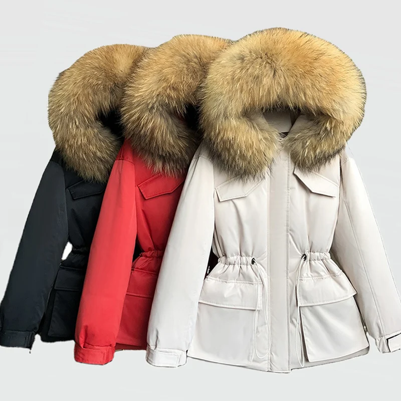 

2020 New Korean Version Women's Waist Loose Fit Big Real Raccoon Fur Collar Short Duck Puffy Jacket