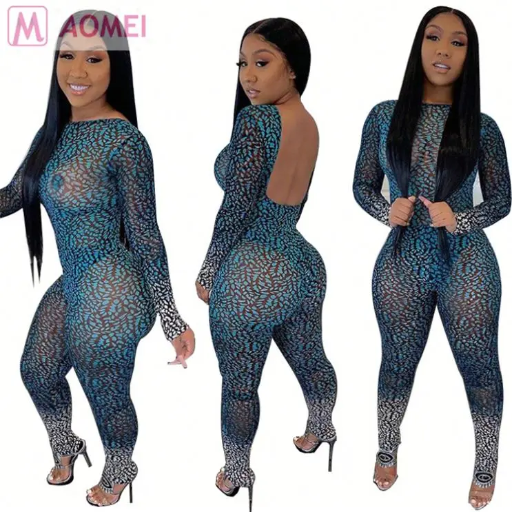 M0026 new sexy knitted mesh transparent backless long sleeve sheath club 2019 print one piece women sexy jumpsuit