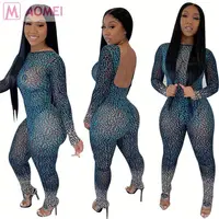 

M0026 new sexy knitted mesh transparent backless long sleeve sheath club 2019 print one piece women sexy jumpsuit