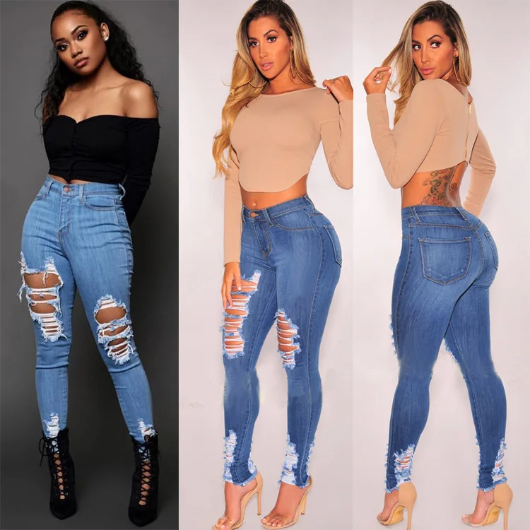 

Hot sales summer lady ripped jeans washed high waisted stretch hole slim fit large size women's jean pants